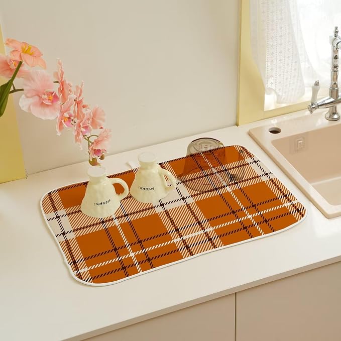 Fall Dish Drying Mat 18 x 24 inch Autumn Orange Buffalo Plaid Themed Decorative - Image 6