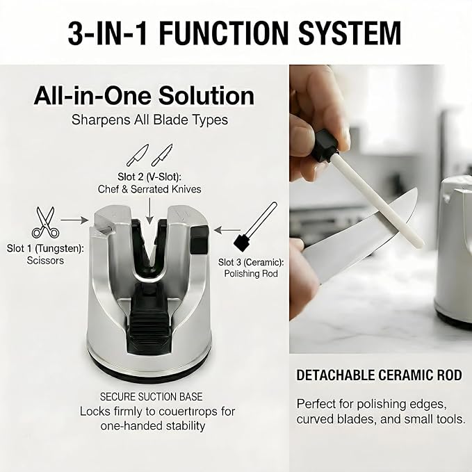 Knife Sharpener for Kitchen Knives, 3-Stage Suction Cup Sharpening Tool for - Image 3