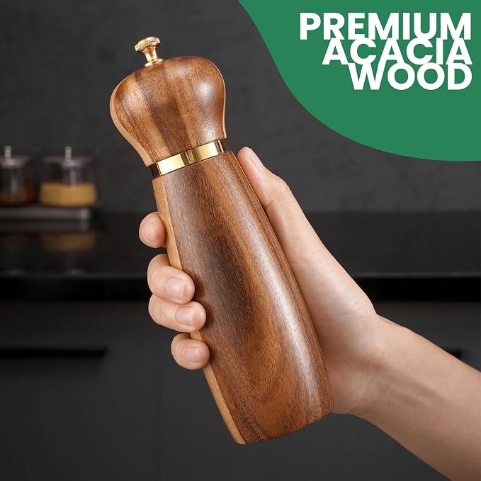 Acacia Wood Salt and Pepper Grinder Set, 8-Inch Manual Pepper Mill Grinder - Image 2