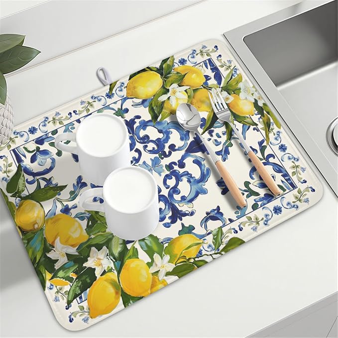 Lemon Dish Drying Mat 24x18 Inch, Italian Olive Tree Dish Drainer Mats Summer - Image 8