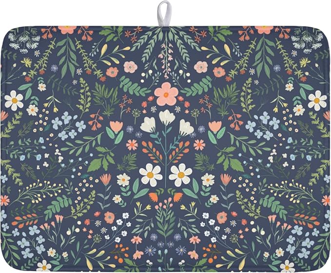 Floral Dish Drying Mat for Kitchen Counter Rustic Flower Leaves Print by Unknown