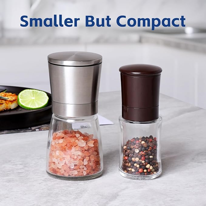 Vzaahu Salt and Pepper Grinder Set Brown, Refillable Small Shakers, Adjustable - Image 2