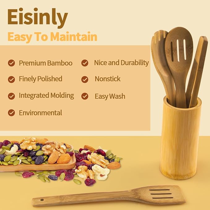 Eisinly Wooden Spoons for Cooking 7-Piece, Kitchen Nonstick Bamboo Cooking - Image 4