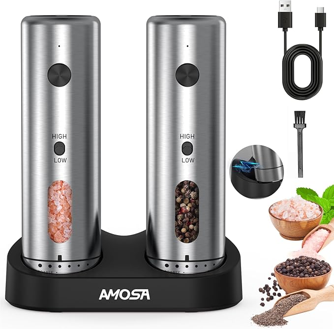 Electric Salt and Pepper Grinder Set, Upgraded 2-Speed Setting, External 6 by AMOSA