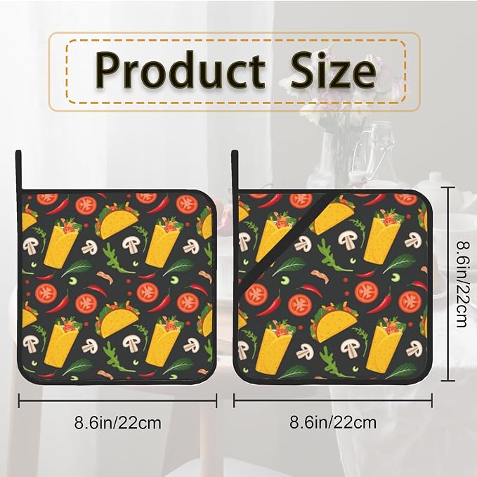 Cartoon Burrito Taco Hot Pepper Pot Holder Set of 2, Heat Resistant Potholders - Image 2