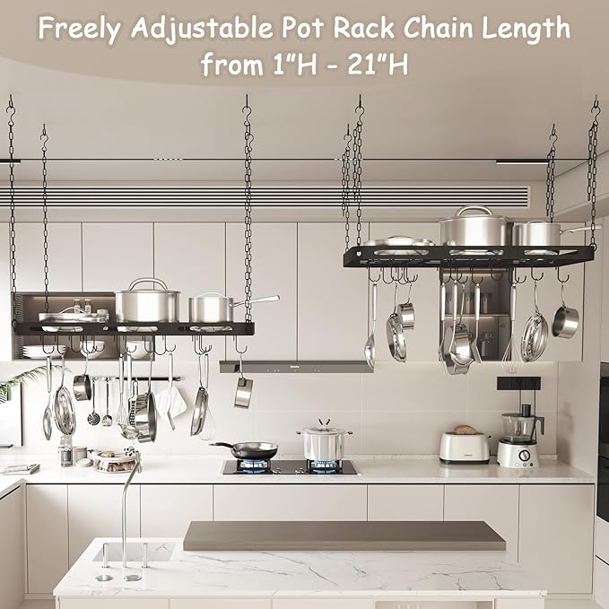 33” Pots and Pans Hanging Rack, Heavy-duty Metal Square Kitchen Ceiling Pot Rack - Image 6