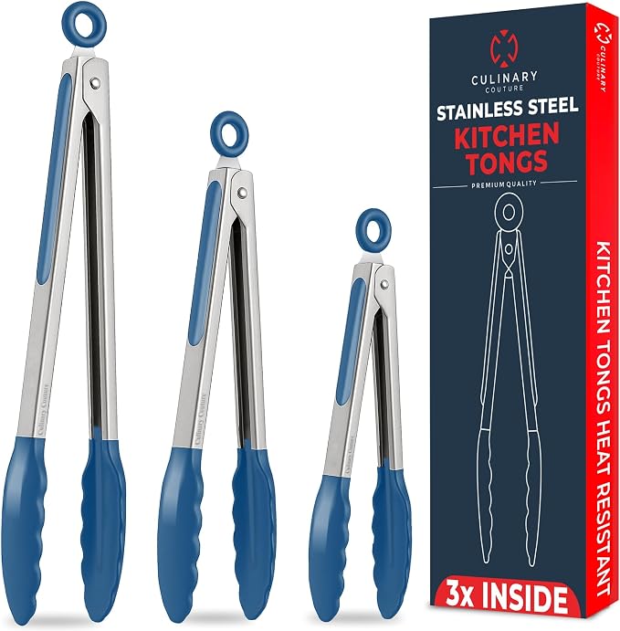 Kitchen Tongs with Silicone Tips Set of 3 Heat Resistant Tongs by CulinaryCouture