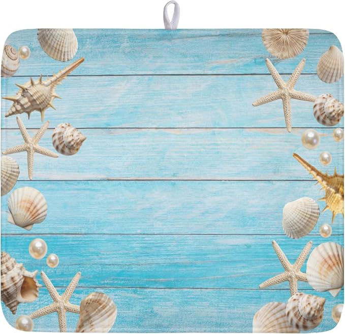 Summer Coastal Dish Drying Mat for Kitchen Counter Seashell Starfish Blue by Unknown