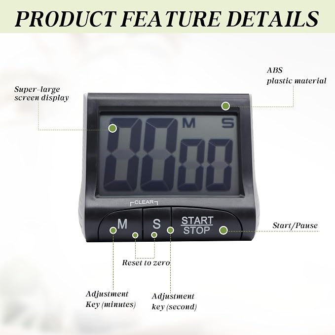 Large LCD Display Kitchen Timer -Magnetic Digital Timers, Loud Alarm, Memory - Image 7