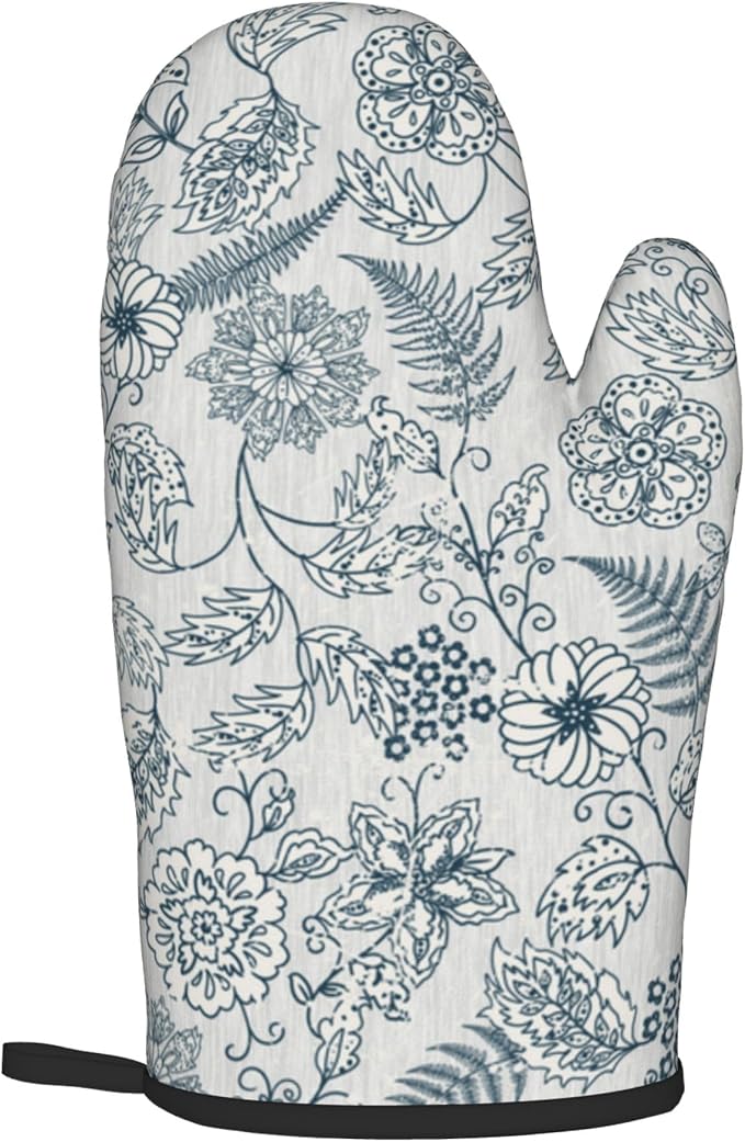 Blue Floral Oven Mitts Set – Vintage Pot Holders Kitchen Gloves - Image 8