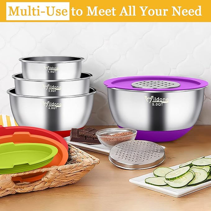 Wildone Mixing Bowls with Airtight Lids, 3 Grater Attachments, Measurement - Image 5