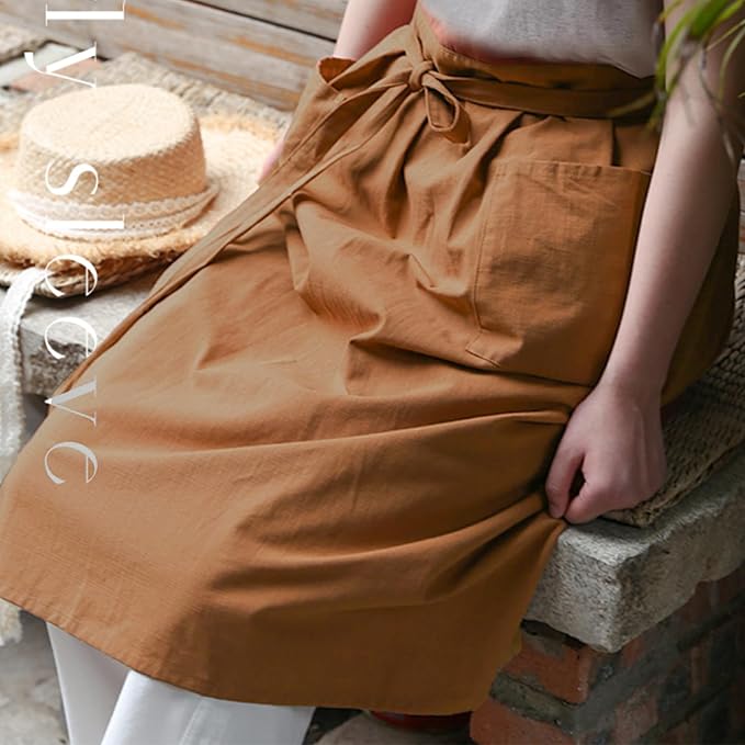 Cotton Linen Half Apron for Women Vintage Waist Apron Ruffle Plain Bright Color - Image 4