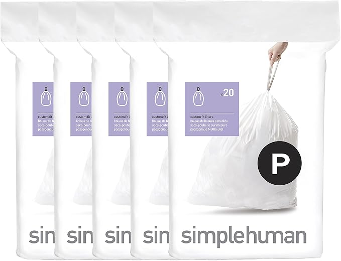 simplehuman Code P 100 Count Custom Fit Liners, Drawstring Kitchen Trash Bags by Simplehuman