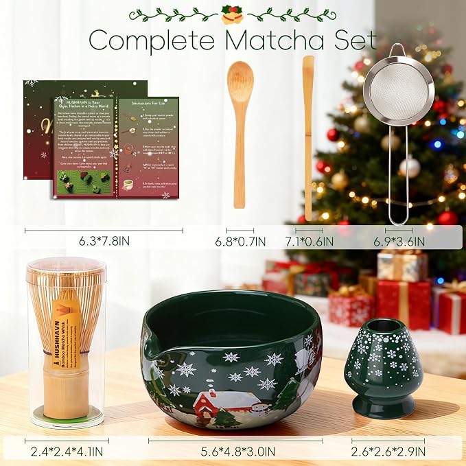 Christmas Matcha Whisk Set, Ceramic Matcha Set Includes Bowl & Holder, Bamboo - Image 2
