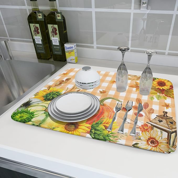 Autumn Maple Leaf Orange White Check Plaids Dish Drying Mat - Image 6