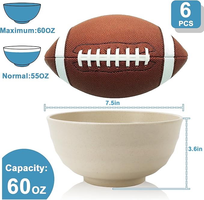 Wheat Straw Bowls 60 OZ, Unbreakable Large Salad Bowls Set of 6, Plastic - Image 2