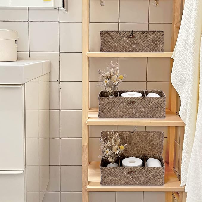 Hipiwe Storage Basket with Lid Toilet Tank Basket Holder Handwoven Wicker - Image 9