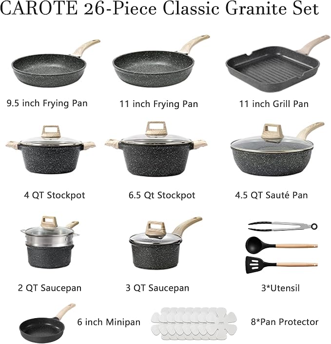 CAROTE 26Pcs Pots and Pans Set, Nonstick Cookware Sets, Granite Induction - Image 2