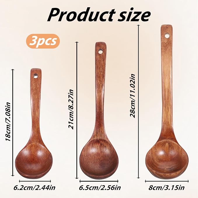 Wooden Ladle for Soup, Non-Stick Wooden Spoon Set, 3 Size Wood Ladle Spoon - Image 2