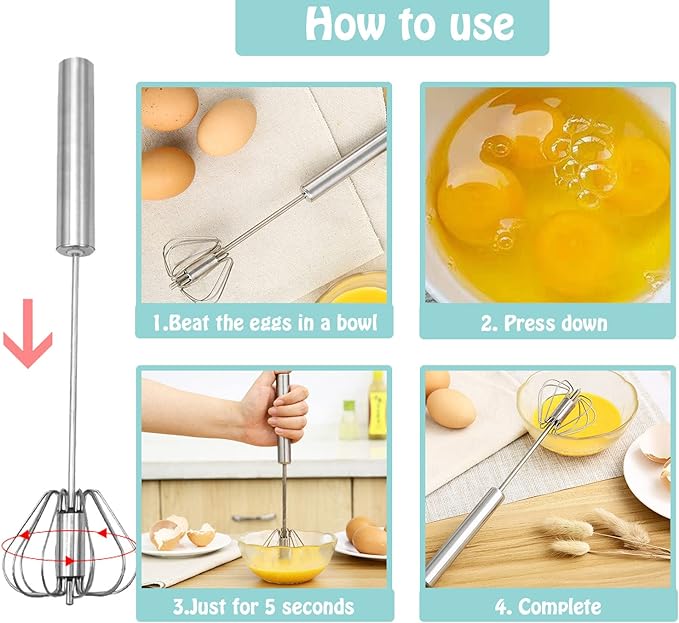 Semi-automatic Whisk, Stainless Steel Egg Beater, Hand Push Rotary Whisks Mixer - Image 4