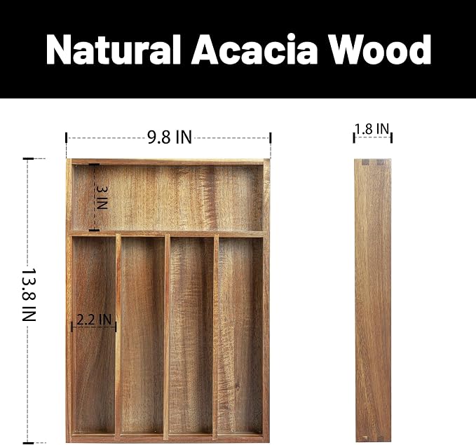 KITEISCAT Acacia Wood Silverware Organizer, Kitchen Utensil Drawer Organizer - Image 2