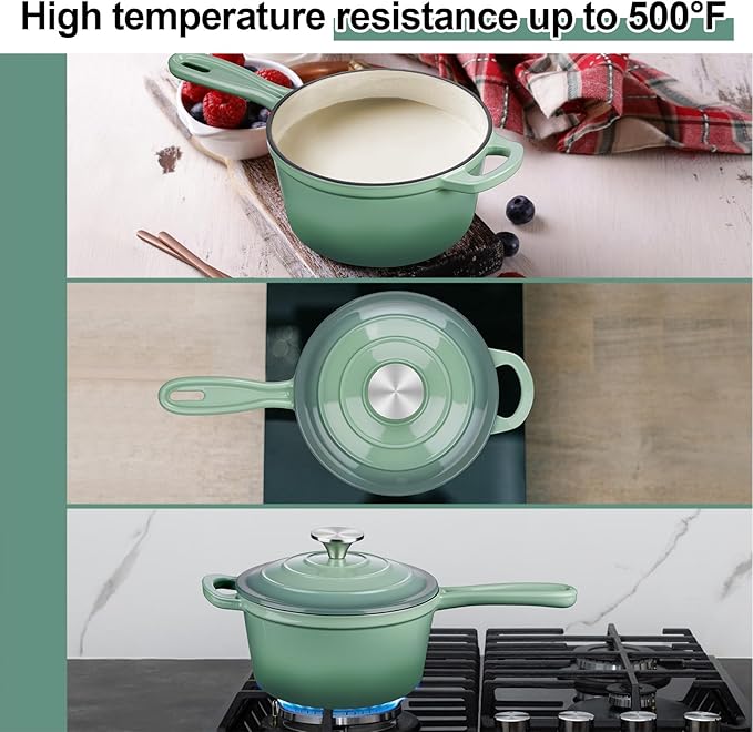 2 Quart Saucepan with Lid, Leonyo Enameled Cast Iron Sauce Pan, Enamel Dutch - Image 4
