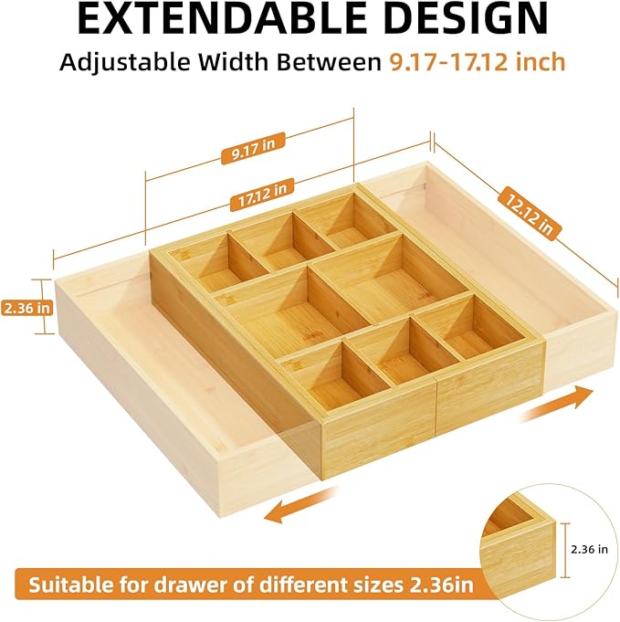 Marbrasse Bamboo Expandable Drawer Organizer, Desk Drawer Organizer Tray - Image 2