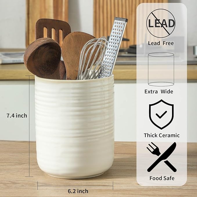 HASENSE Large Utensil Holder, 7.4" x 6.2" Ceramic Utensil Holder - Image 4