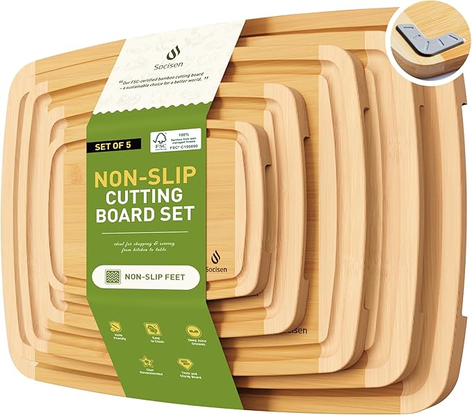 Bamboo Cutting Board Set Non Slip Feet Over Sink Eating Grilling Biard Cutboard by Socisen