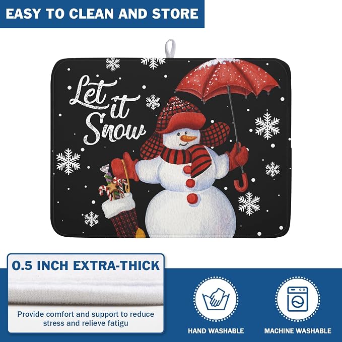 Black Snowman Dish Drying Mats for Kitchen Counter, Winter Snowflake Dish Mat - Image 5