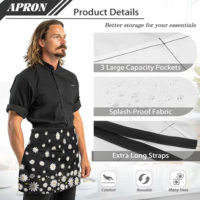 Server Apron with 3 Pockets, Waterproof Oil Waitress Waiter Half Apron - Image 7