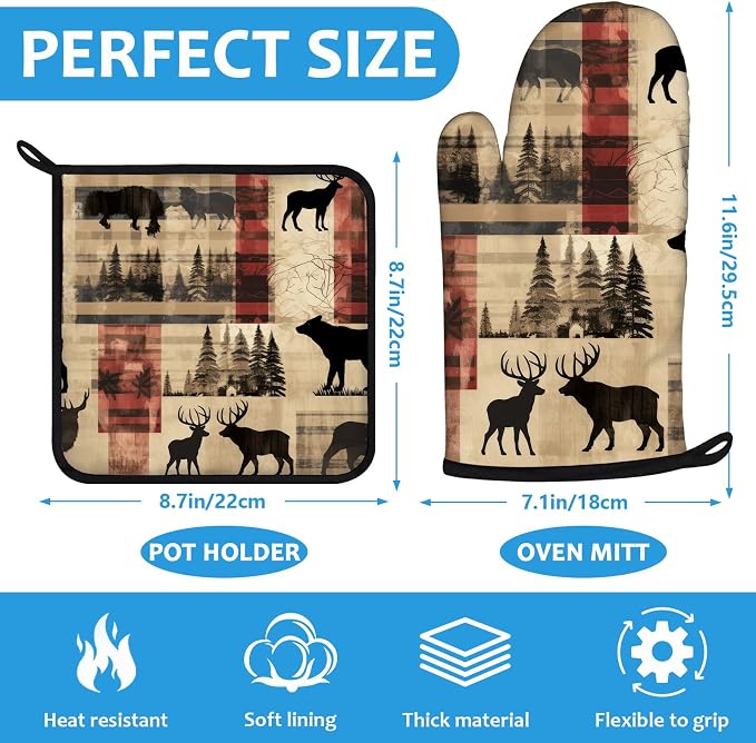 Deer and Bear Oven Mitts and Pot Holders Sets Heat Resistant 4Pcs Wild Animal - Image 2