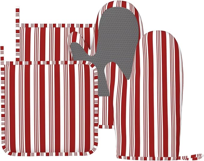 Abstract Red and White Striped Oven Mitts and Pot Holders Set by Unknown