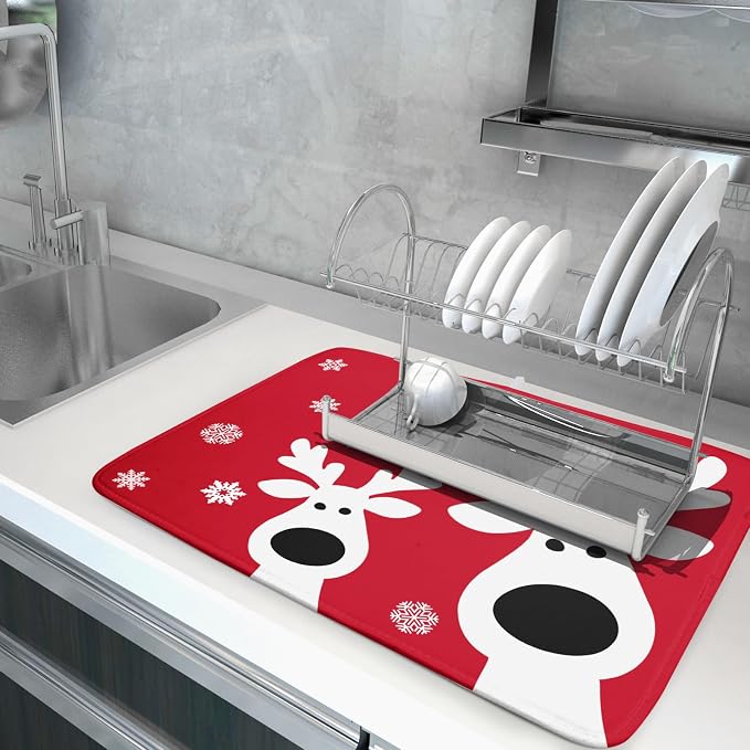 Christmas Dish Drying Mat for Kitchen Counter Cute Reindeer Winter Microfiber - Image 5
