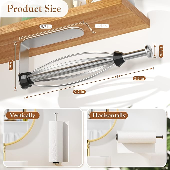 2 Pack Paper Towel Holder Under Cabinet + 2 Towel Robe Hook, Single Hand - Image 4