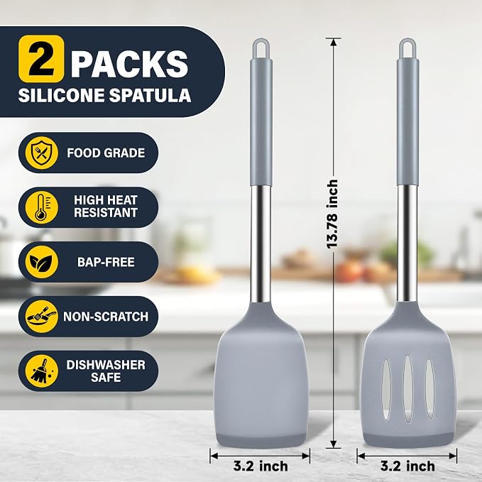 2 Pack Silicone Spatula Set, Solid & Slotted Turner - Image 2