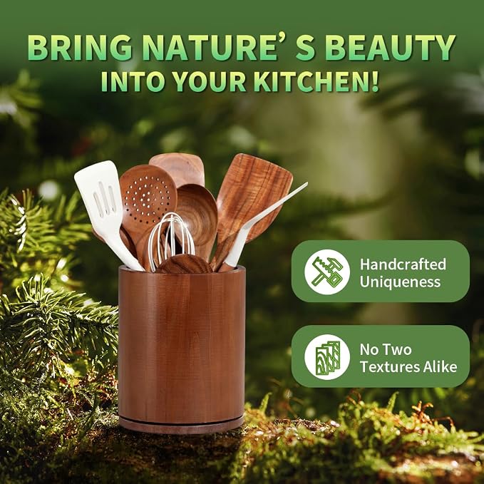 Wooden Utensil Holder, 360°Rotating 7.3'' Large Utensil Holder - Image 7