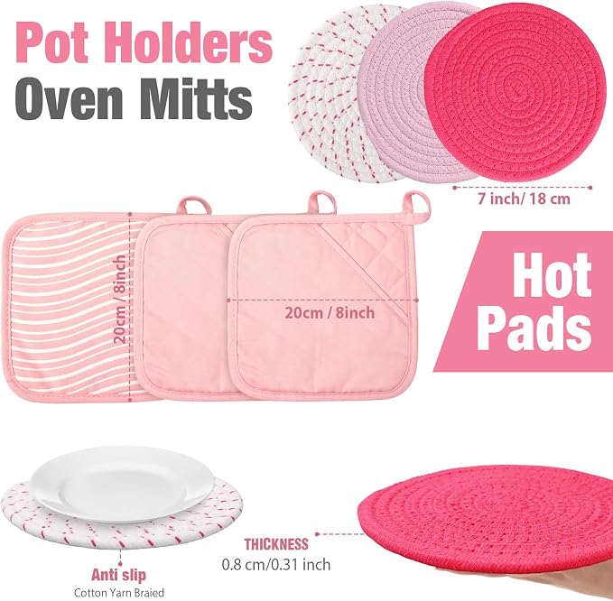 Sumind Pink Oven Mitts and Pot Holders 7 Sets, Heat Resistant Kitchen Gloves - Image 3