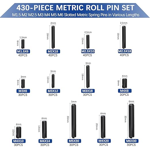 430 Pcs Roll Pin Set, Slotted Metric Spring Pins, Steel Split Expansion Pin - Image 2