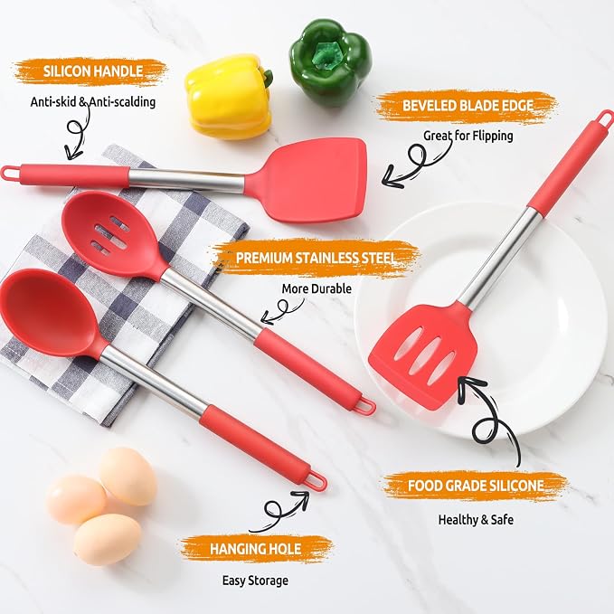 Cooking Utensils Set of 4, E-far Silicone Kitchen Utensils - Image 4