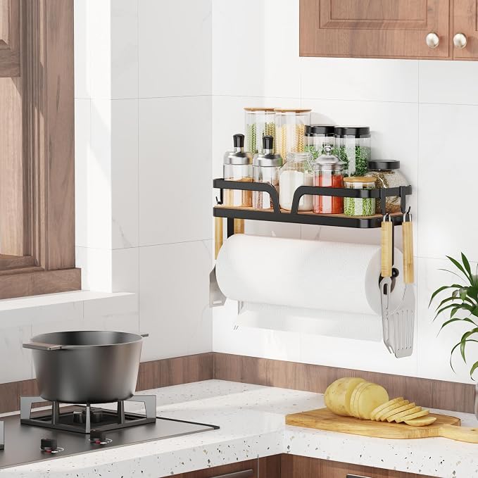 Taozun Paper Towel Holder Wall Mount, Kitchen Paper Holder Spice Rack Black - Image 6