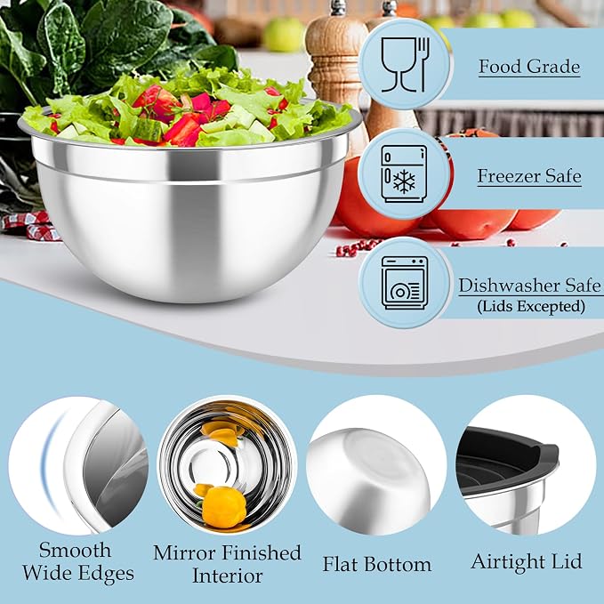 TeamFar Mixing Bowls Set of 6, Stainless Steel Nesting Mixing Salad Bowl - Image 4