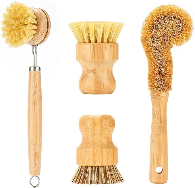 SAMEBUTECO Bamboo Dish Brushes Sets 4 Tools in One Kitchen Clean Dish Scrubber by HOME