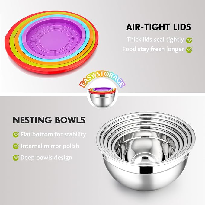 E-far Mixing Bowls with Lids Set of 5, Stainless Steel Mixing Bowls Metal - Image 4