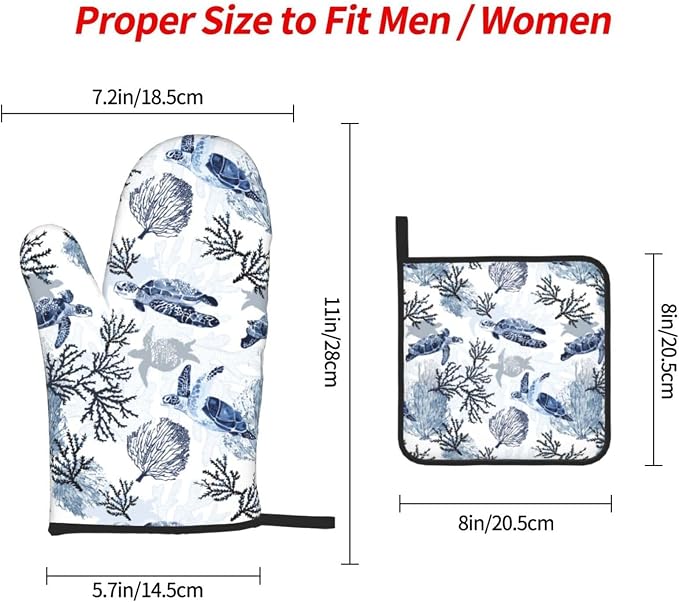 Navy Blue Ocean Sea Turtle Oven Mitts and Pot Holders Sets of 3, Heat Resistant - Image 8