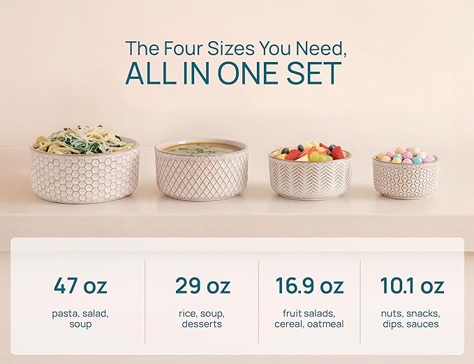 KooK Serving Bowls, with Lids, Ceramic Nesting Bowls, Microwave and Dishwasher - Image 4