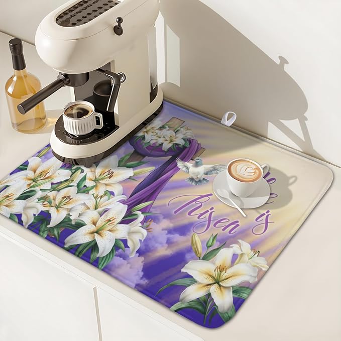 Easter Dish Drying Mat for Kitchen Counter He is Risen Cross Floral Purple - Image 7