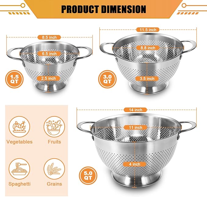 Stainless Steel Colander Set of 3 | Durable Rice and Pasta Strainer - Image 2