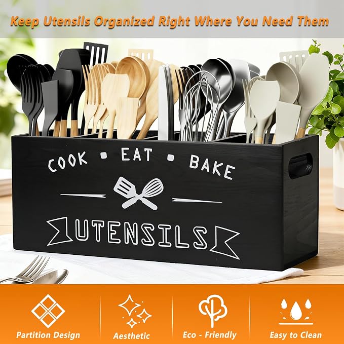 Extra Large and Durable Black Wooden Kitchen Utensil Holder - Image 3