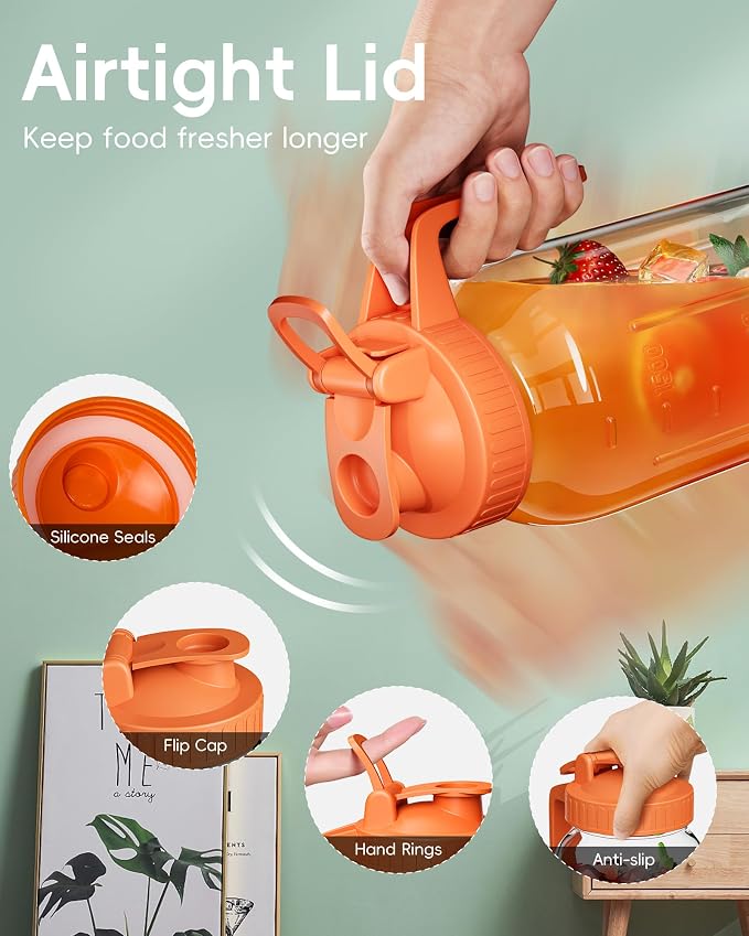 Glass Pitcher with Airtight Lid and Spout, 64oz Mason Jar Pitcher - Image 3